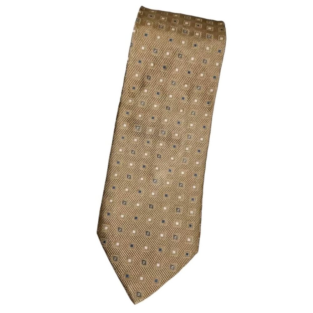FENDI Men's 100% Silk Necktie LUXURY Tie Gold Geometric W:3.7" EUC